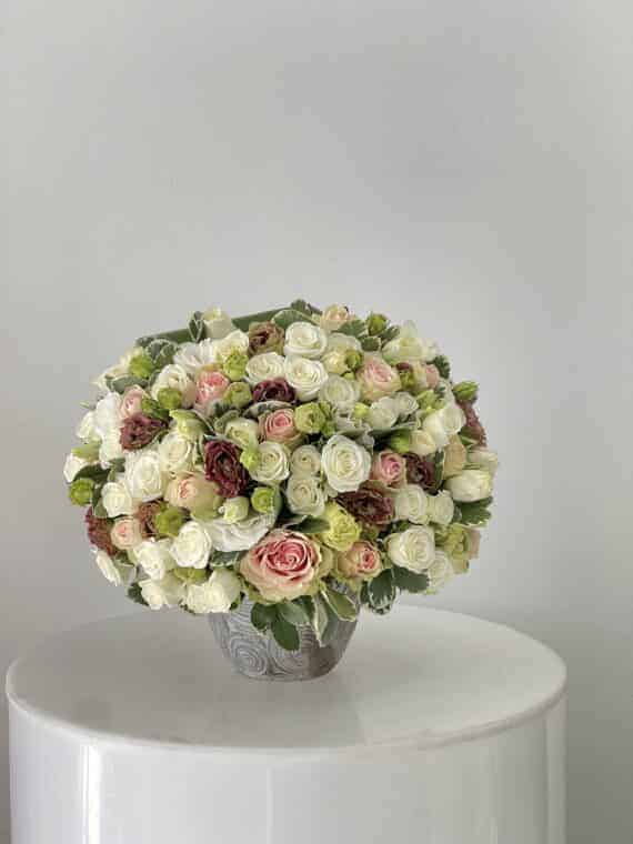 Timeless Rose Medley in Stone Vase - Elegant Floral Art