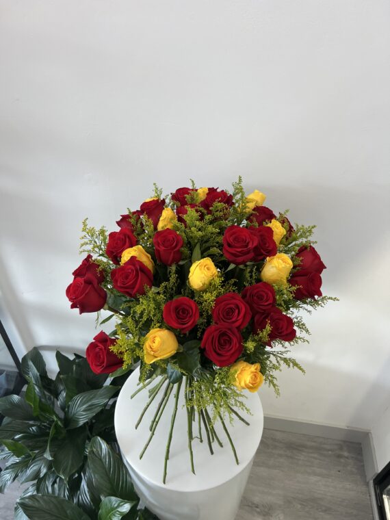 Radiant Roses and Golden Solidago Bouquet: A Burst of Sunshine