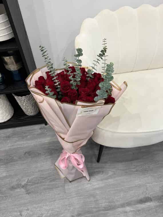 Luxe Red Rose Bouquet with Eucalyptus Elegance
