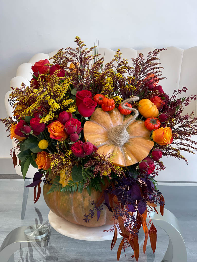 Autumn Harvest Bliss: Pumpkin, Roses, Spray Roses, Solidago & Eucalyptus